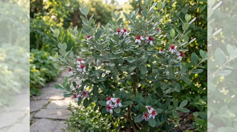 Arbusto sempreverde con fiori bianco-rosa e foglie verdi in un giardino, vicino a un vialetto in pietra