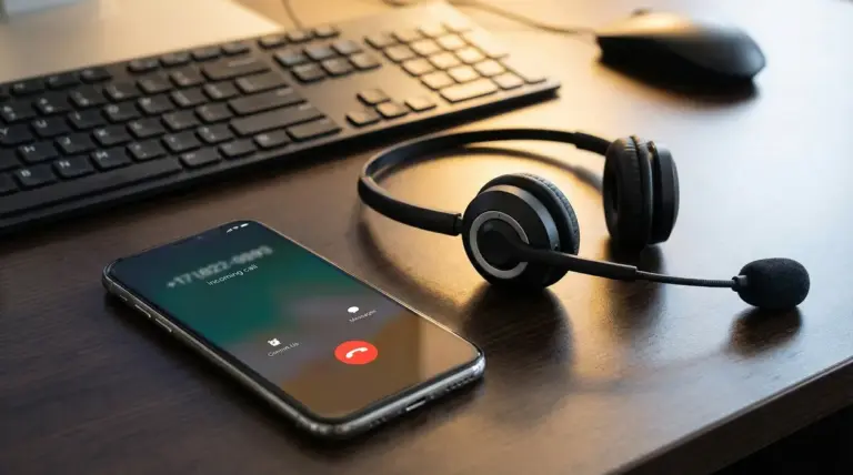 Telefono con chiamata in arrivo su scrivania, con cuffie da call center, tastiera e mouse in ufficio