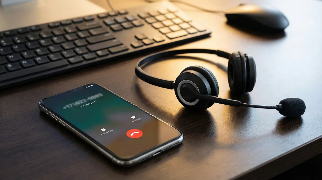 Telefono con chiamata in arrivo su scrivania, con cuffie da call center, tastiera e mouse in ufficio