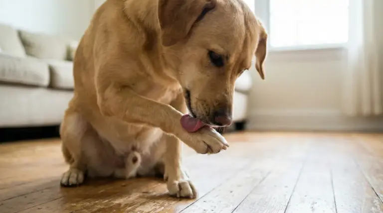 Cane in casa che si lecca una zampa, possibile segnale di prurito o irritazione