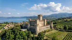 Castello medievale con torri merlate su una collina, con lago e vigneti sullo sfondo