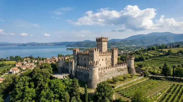 Castello medievale con torri merlate su una collina, con lago e vigneti sullo sfondo