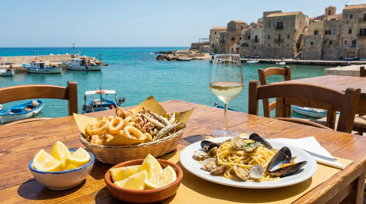 Tavolo vista porto con spaghetti alle vongole, fritto di pesce e calice di vino bianco in una città di mare italiana