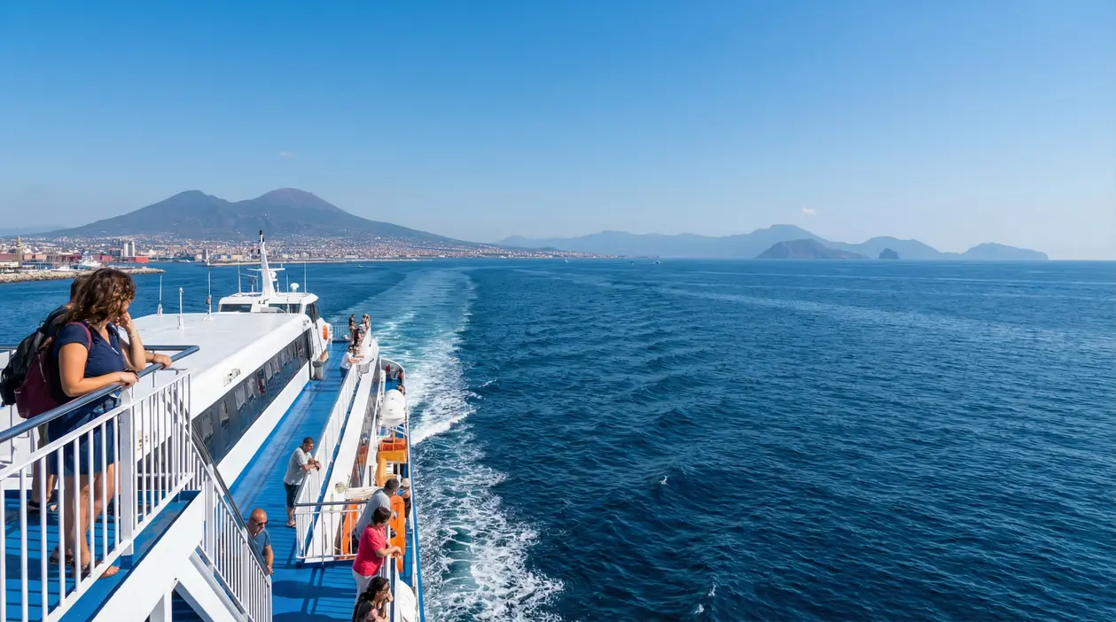 Passeggeri sul ponte di un traghetto in partenza da Napoli, con il Vesuvio sullo sfondo e il mare aperto davanti