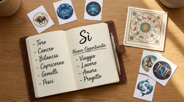 Taccuino aperto con penna, carte dei segni zodiacali e ruota dello zodiaco su un tavolo in legno