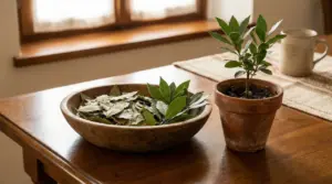 Pianta di alloro in vaso e foglie di alloro in una ciotola su un tavolo vicino a una finestra