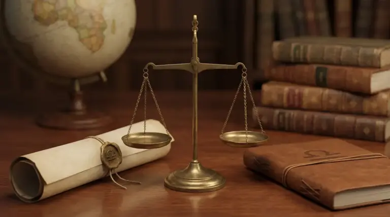 Bilancia in ottone su scrivania con libri e pergamena, simbolo di equilibrio e diplomazia nello zodiaco