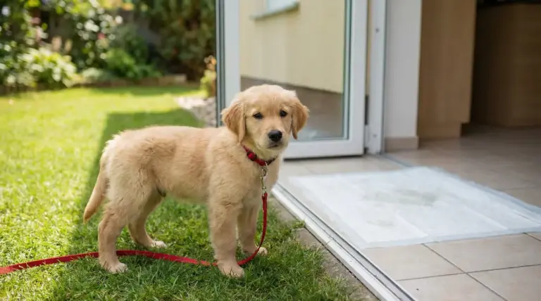 Cucciolo di cane in giardino vicino alla porta di casa, con guinzaglio, durante l’addestramento ai bisogni fuori