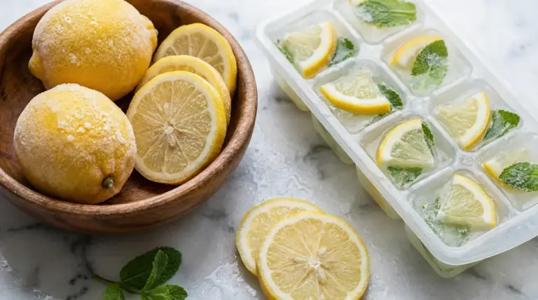 Limoni congelati e fette di limone con menta in una vaschetta per cubetti di ghiaccio su piano in marmo