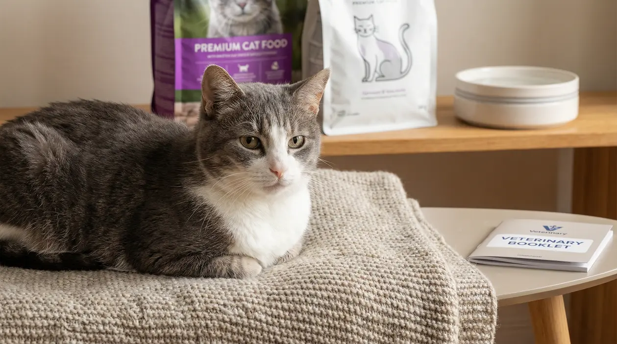 Gatto grigio e bianco sdraiato su una coperta in casa, con cibo per gatti e libretto veterinario sullo sfondo