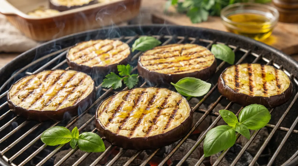 Fette di melanzane grigliate sulla griglia con foglie di basilico e un filo d’olio
