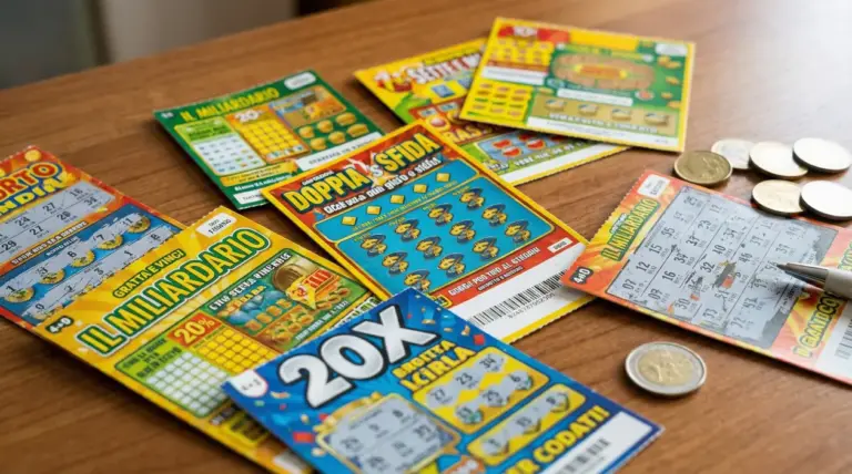 Gratta e vinci colorati sparsi su un tavolo con monete e una penna, legati a probabilita di vincita dei nuovi biglietti