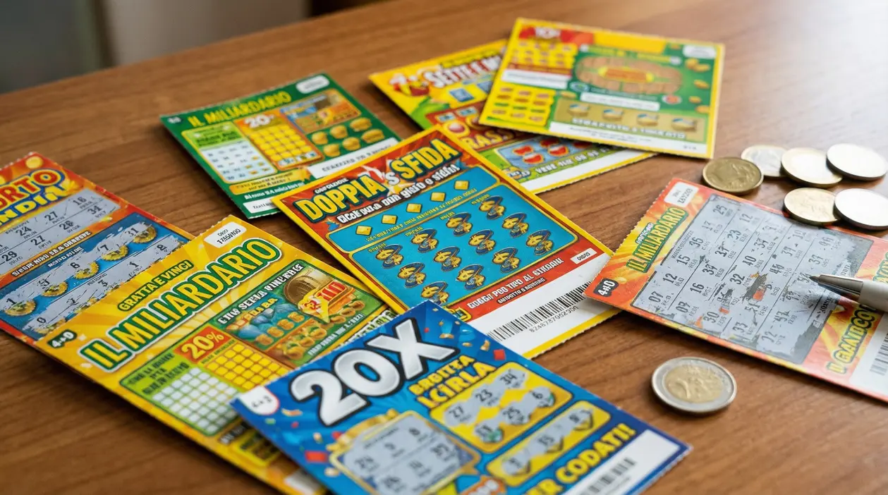 Gratta e vinci colorati sparsi su un tavolo con monete e una penna, legati a probabilita di vincita dei nuovi biglietti