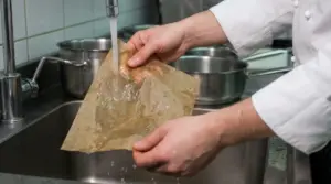 Uno chef bagna la carta forno sotto l’acqua corrente nel lavello di una cucina professionale