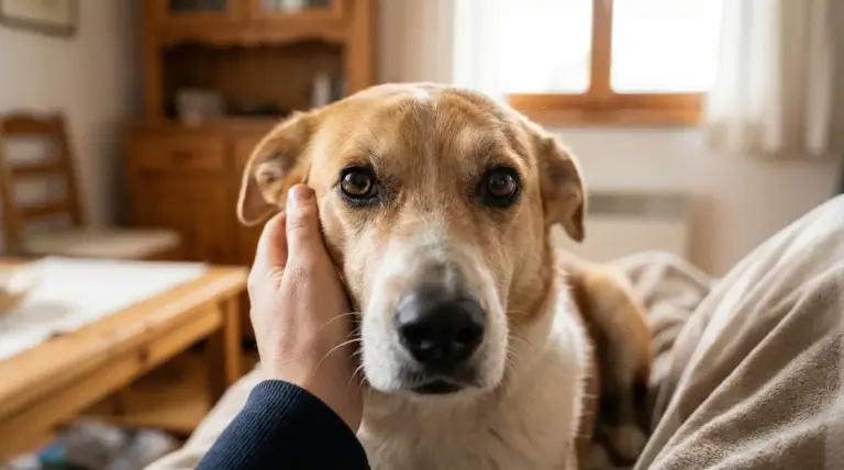 Primo piano di un cane che guarda fisso negli occhi mentre una persona gli accarezza il muso in casa