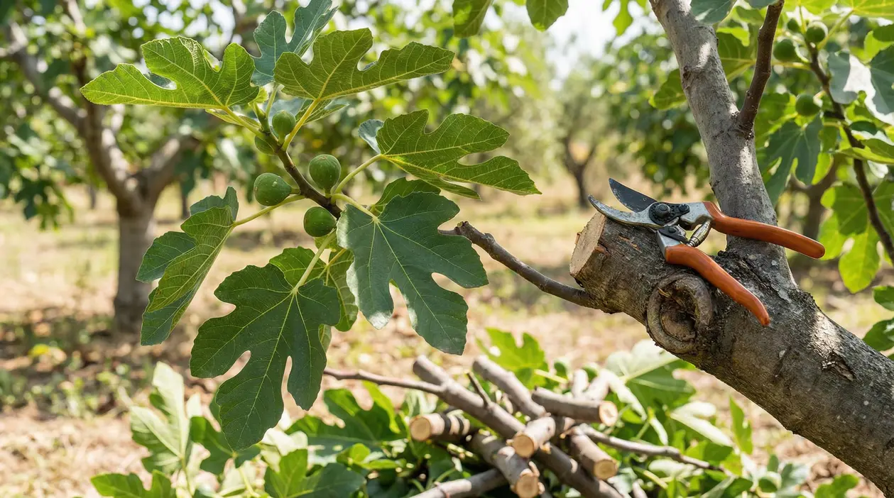 Forbici da potatura su un ramo di fico appena tagliato, con foglie verdi e piccoli fichi in un frutteto