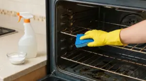 Mano con guanto giallo pulisce le griglie del forno incrostato con una spugna, accanto spray e bicarbonato