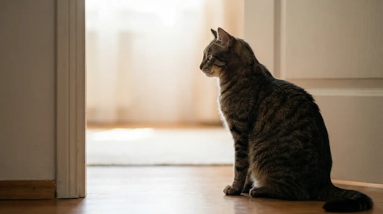Gatto tigrato seduto in casa vicino a una porta, in attesa e con lo sguardo rivolto verso l’esterno