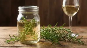 Barattolo di vetro con rosmarino in infusione nel vino bianco su tavolo di legno, con calice sullo sfondo