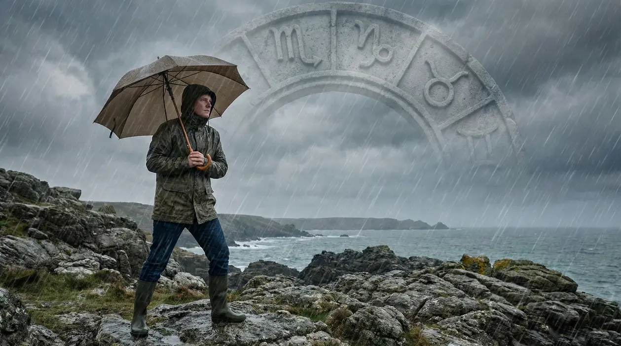 Persona con ombrello sotto la pioggia su una costa rocciosa, con simboli dello zodiaco sullo sfondo