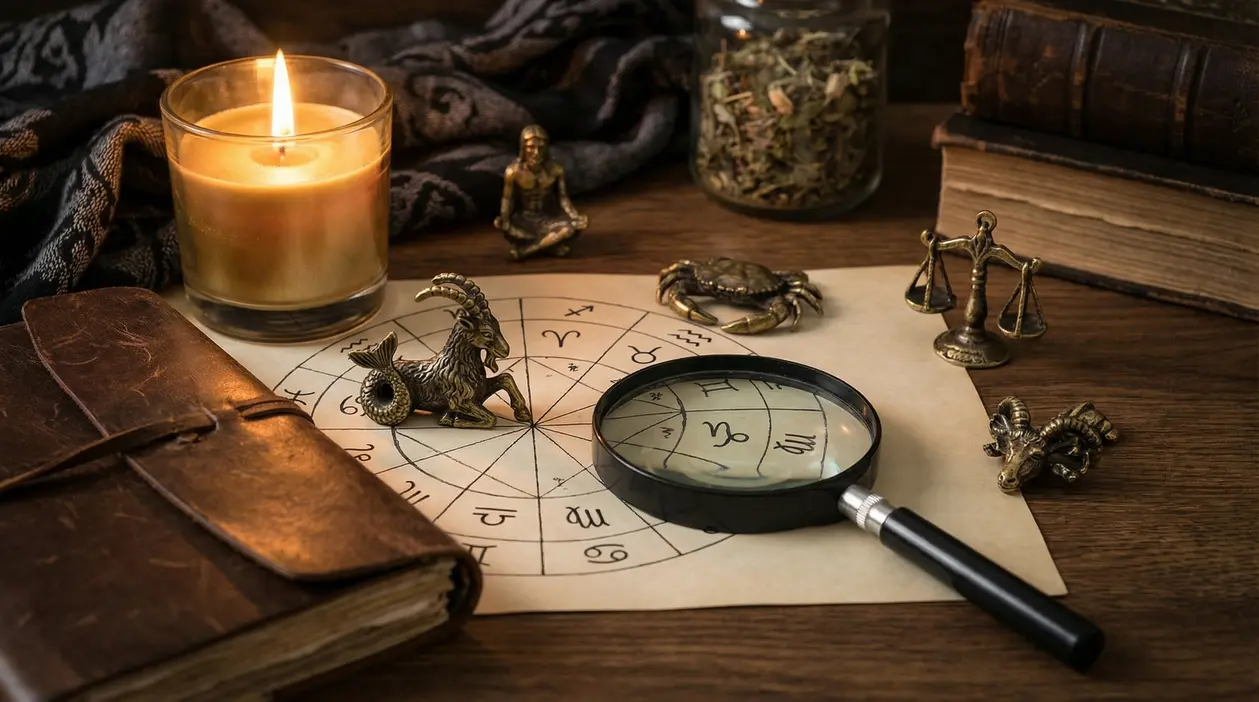 Carta con ruota dei segni zodiacali, lente d’ingrandimento, candela accesa e piccoli simboli astrologici su un tavolo