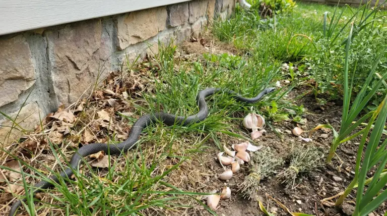 Serpente nel prato vicino alla casa, tra erba e foglie secche in giardino