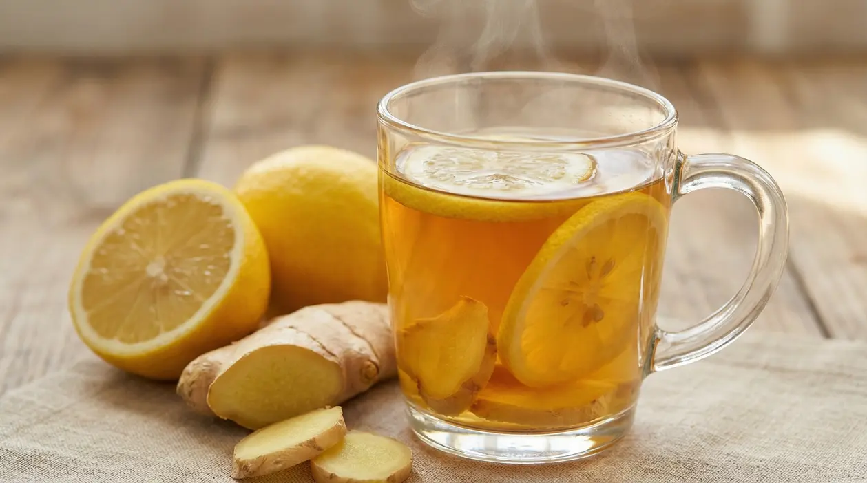 Tisana calda allo zenzero e limone in tazza di vetro con fette di limone e radice di zenzero su tavolo