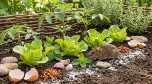 Topo nell’orto vicino a lattuga e piante aromatiche, con gusci d’uovo e aglio sul terreno come rimedi naturali