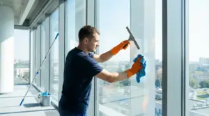 Addetto alle pulizie lava una grande vetrata con tergivetro e panno in microfibra, per risultati senza aloni