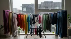 Stendibiancheria in casa davanti a una finestra con pioggia, con vestiti e asciugamani appesi ad asciugare