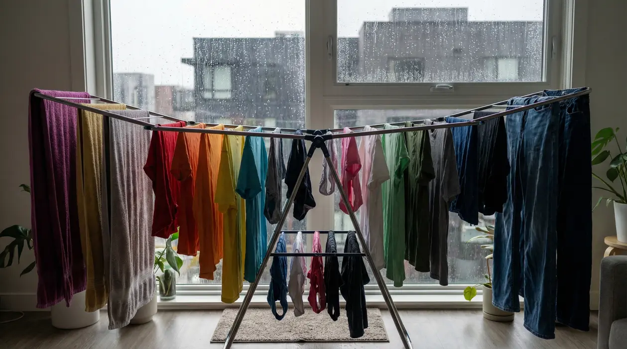 Stendibiancheria in casa davanti a una finestra con pioggia, con vestiti e asciugamani appesi ad asciugare