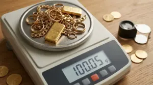 Gioielli e lingottini d’oro su una bilancia digitale, vicino a monete, per stimare il valore di 100 grammi di oro usato
