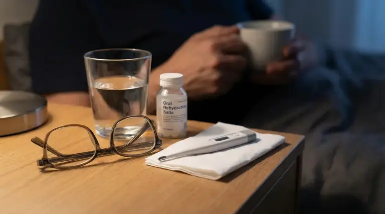 Occhiali, termometro, bicchiere d’acqua e sali reidratanti su un tavolino, con una persona sullo sfondo